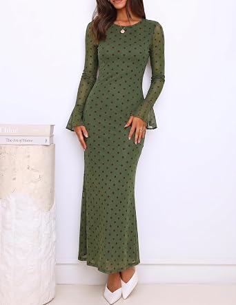 Romantic Floral Print Long Bell Sleeve Bodycon Maxi Dress-Free Shipping
