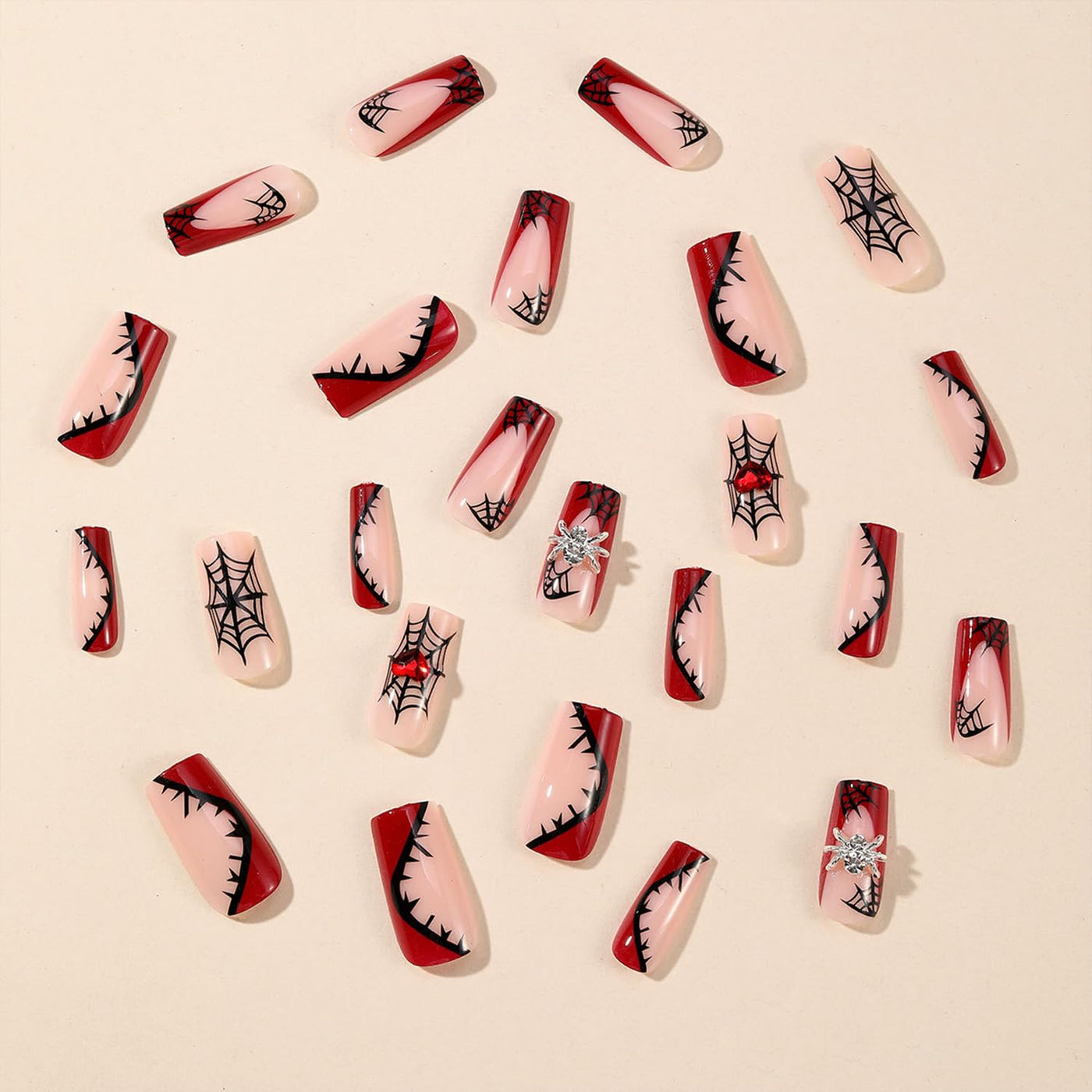 Red Heart Web Halloween Press On Fake Nails, Long Square Acrylic Press-Ons, 24Pcs Set-Free Shipping