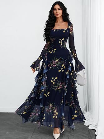 Beautiful Floral Printed Long Bell-Sleeve Ruffle Flowy Maxi Dress-Free Shipping