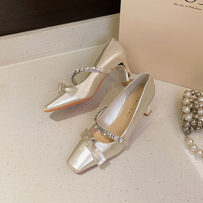 Rhinestone French Style Pointed Toe Chunky Mary Jane Heels -  Free Shipping