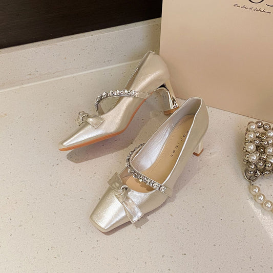 Rhinestone French Style Pointed Toe Chunky Mary Jane Heels -  Free Shipping