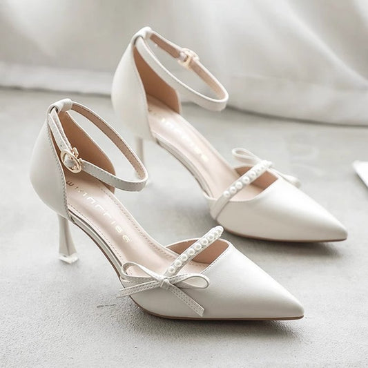 Leather Strap Heels in Off-White & Emerald Green - Free Shipping