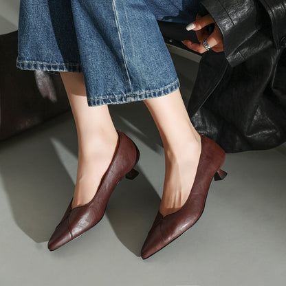 Washed Cowhide  Pointed Toe Leather Kitten Heels - Free Shipping