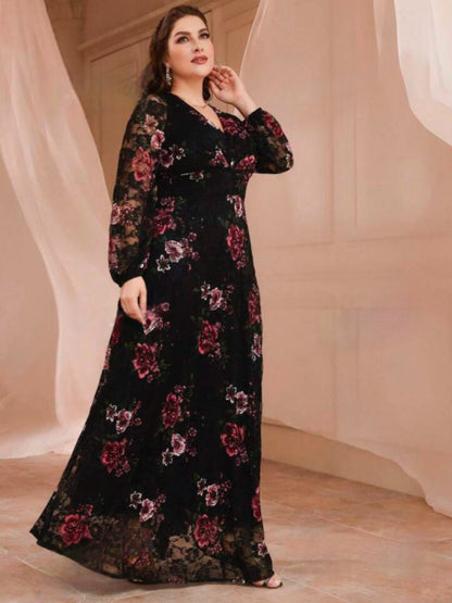 V-Neck Plus Size Lace Maxi Dress - Flowy A-Line-Free Shipping