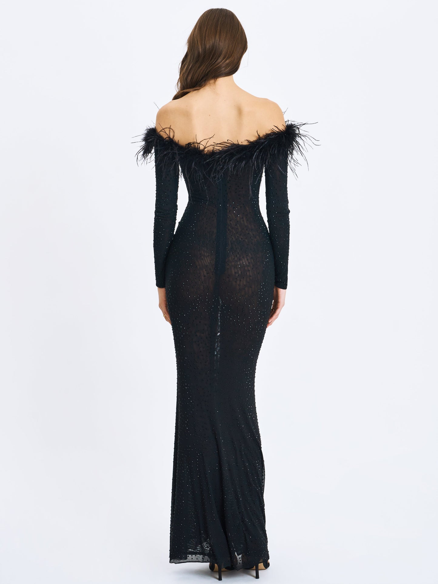 Miss Circle Emberly Black Fur Trimmed Off-Shoulder Rhinestone Mermaid Maxi Dress - Free Shipping