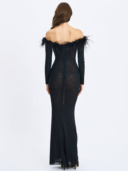 Miss Circle Emberly Black Fur Trimmed Off-Shoulder Rhinestone Mermaid Maxi Dress - Free Shipping