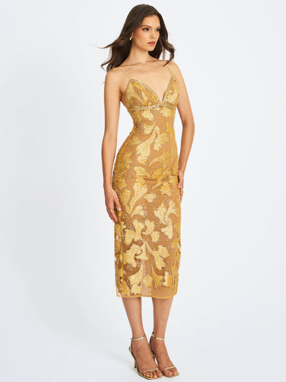 Miss Circle Sophisticated Edie Gold Beaded Sequin Midi Pencil Dress - Free Shipping