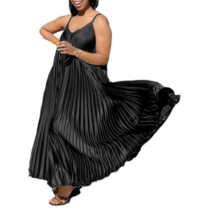 Elegant Pleated Summer Dress - Loose Waisted V-Neck Spaghetti Strap Maxi Dress-S-XXXL-Free Shipping