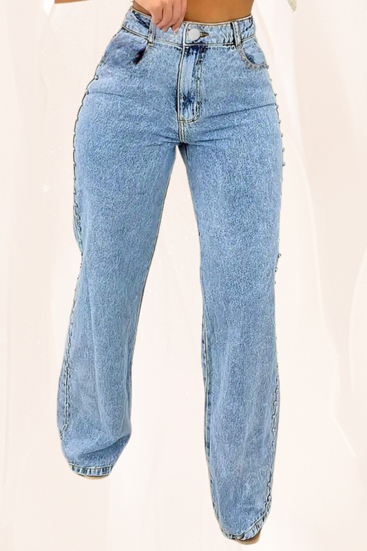 Chic Studded Denim Straight Leg Zipper Fly Jeans for Effortless Style-Free Shipping