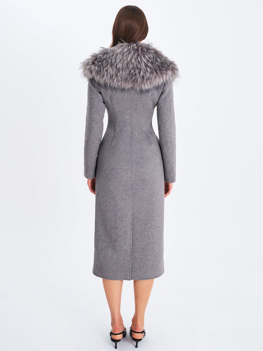 Miss Circle Faye Grey Wool Blend Single-Breasted Coat with Removable Faux Fur Collar - Free Shipping