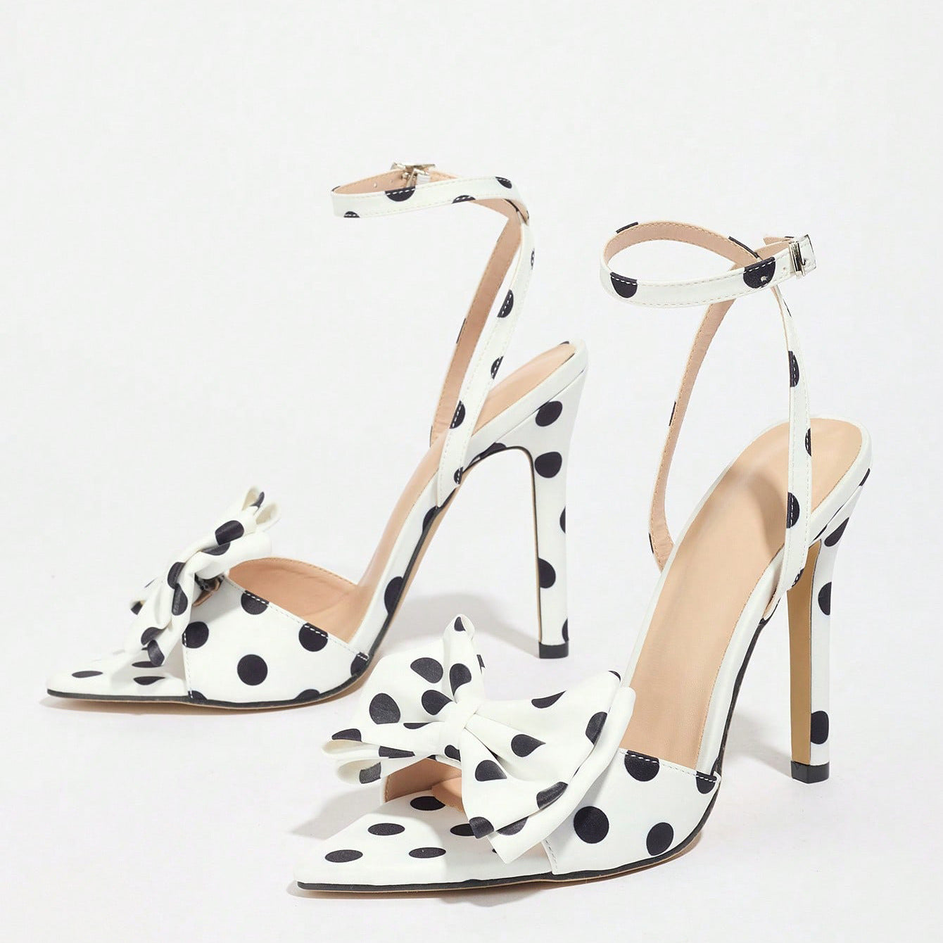 Elegant Silk Polka-Dot Pointed-Toe High Heels with Bow Detail - Free Shipping