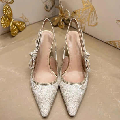 Gold Bow Strap Pointed Toe High Heel Sandals - Free Shipping