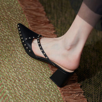 Stylish Studded Pointed Toe Slip-On Block Heels - Free Shipping