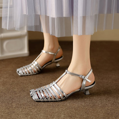 Lambskin Cage T-Strap Slingback Open-Toe Kitten Heels - Free Shipping