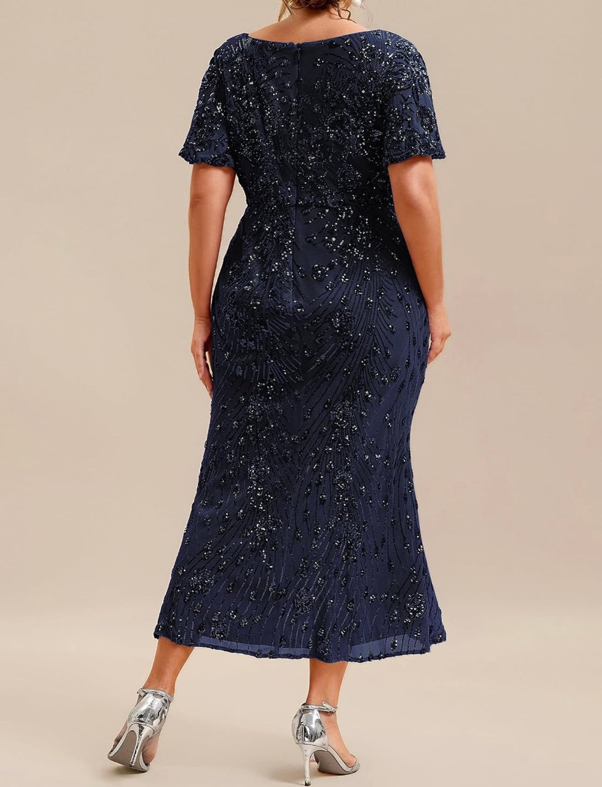 Elegant Plus Size Sequin V-Neck Flutter Sleeve Maxi Dress - Free Shipping