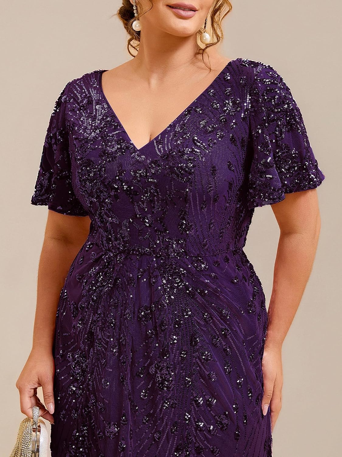 Elegant Plus Size Sequin V-Neck Flutter Sleeve Maxi Dress, Dark Purple bodice close-up