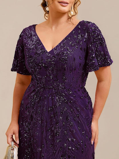 Elegant Plus Size Sequin V-Neck Flutter Sleeve Maxi Dress, Dark Purple bodice close-up