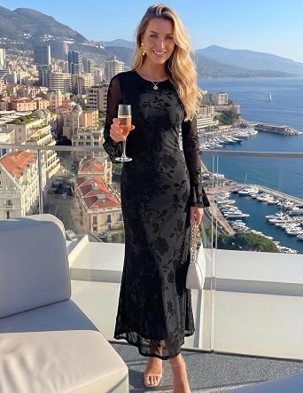 Timeless Floral Print Long Bell Sleeve Bodycon Maxi Dress-Free Shipping