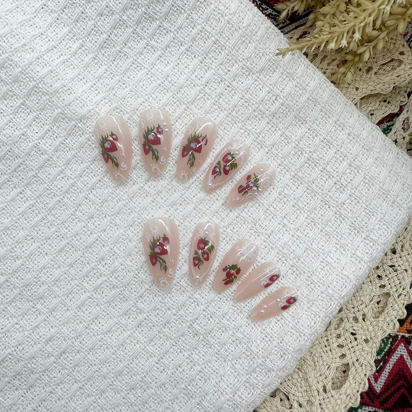 24PC Almond Glossy Press-On Nails - Medium Length, 3D Designs-Free Shipping