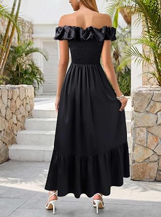 Chic Ruffle Off-Shoulder Slit A-Line Maxi Dress-Free Shipping