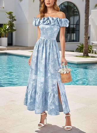 Chic Ruffle Off-Shoulder Slit A-Line Maxi Dress-Free Shipping