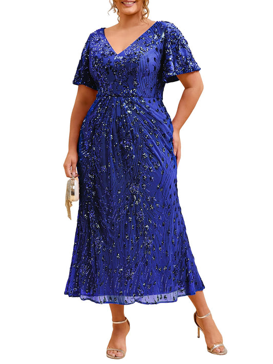 Stunning Plus Size Sequin V-Neck Flutter Sleeve Maxi Dress, Sapphire Blue front