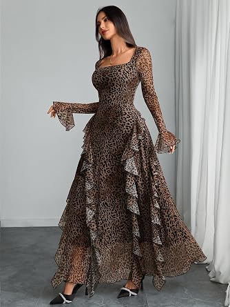 Romantic Floral Printed Long Bell-Sleeve Ruffle Flowy Maxi Dress-Free Shipping