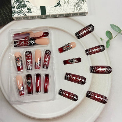 Red Spider Ghost Flower Press On Fake Nails, Long Square Acrylic Press-Ons, 24Pcs Set-Free Shipping