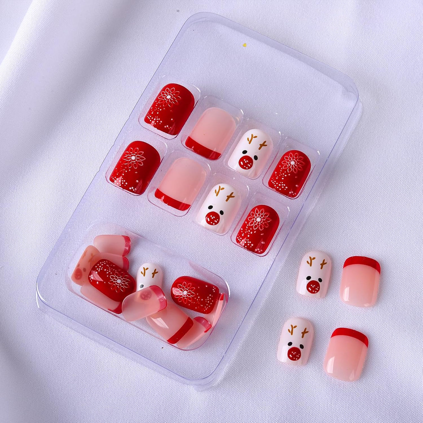 Christmas Reindeer Design Press-On Nails Short Square Acrylic Set 24pcs Stick-On Manicure-Free Shipping