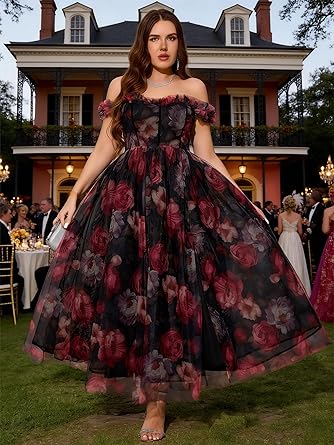 Elegant Plus Size Floral Off-Shoulder Tulle High Slit A-Line Maxi Dress - Free Shipping