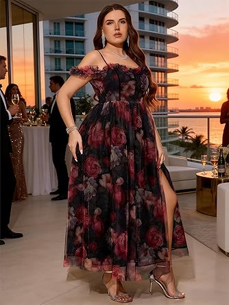 Elegant Plus Size Floral Off-Shoulder Tulle High Slit A-Line Maxi Dress - Free Shipping
