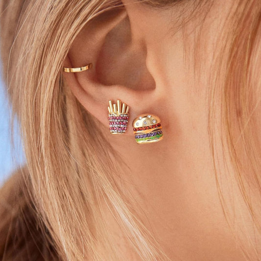 Trendy Burger and Fries Food-Inspired Cubic Zirconia Novelty Stud Earrings Set - Free Shipping