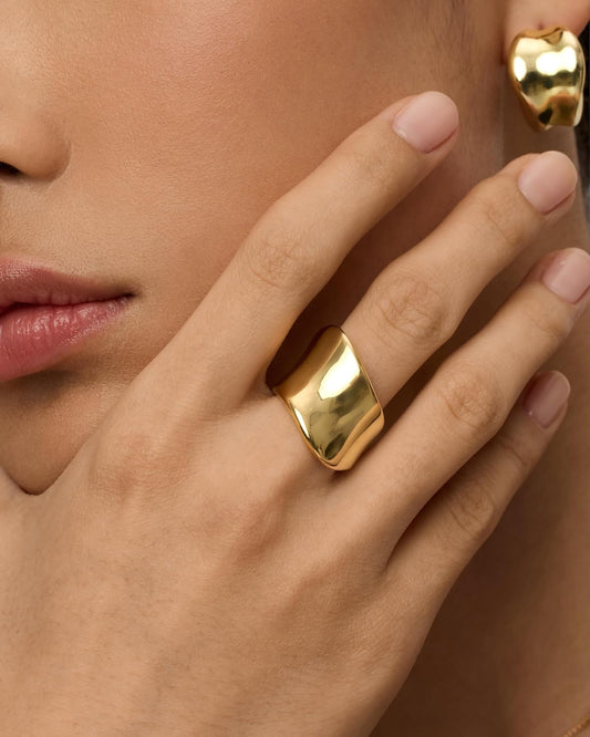 Minimalist Contour Wide Thick Band 14K GP Ring - Free Shipping