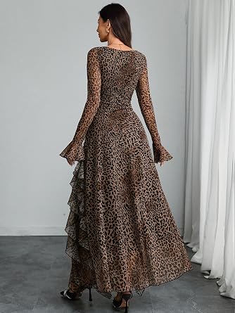 Romantic Floral Printed Long Bell-Sleeve Ruffle Flowy Maxi Dress-Free Shipping
