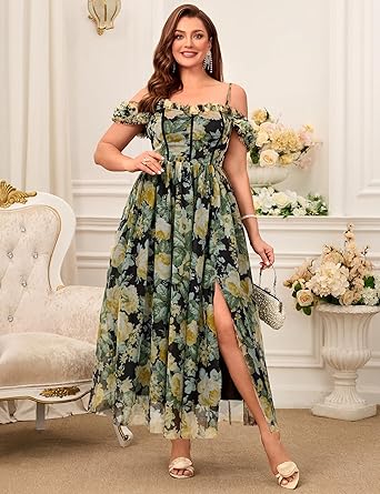 Elegant Plus Size Floral Off-Shoulder Tulle High Slit A-Line Maxi Dress - Free Shipping