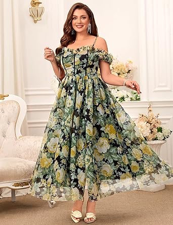 Elegant Plus Size Floral Off-Shoulder Tulle High Slit A-Line Maxi Dress - Free Shipping