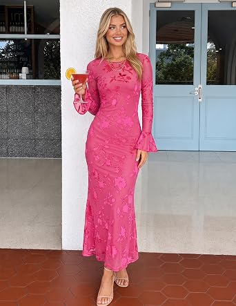 Romantic Floral Print Long Bell Sleeve Bodycon Maxi Dress-Free Shipping