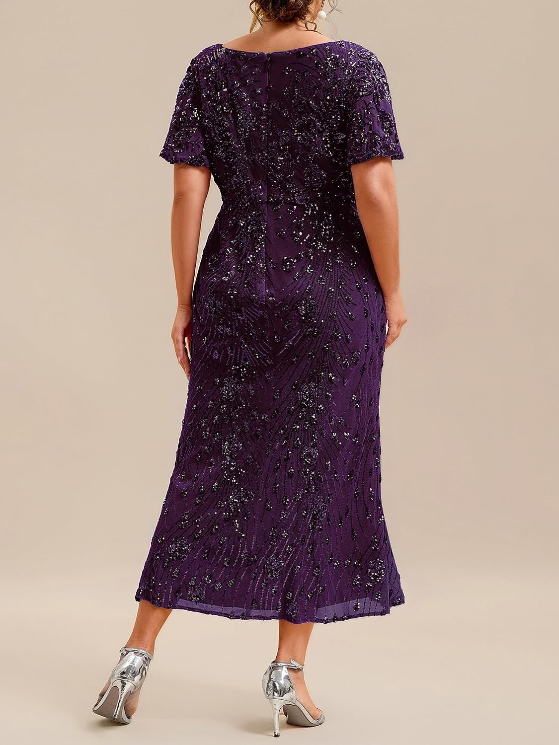 Elegant Plus Size Sequin V-Neck Flutter Sleeve Maxi Dress, Dark Purple back