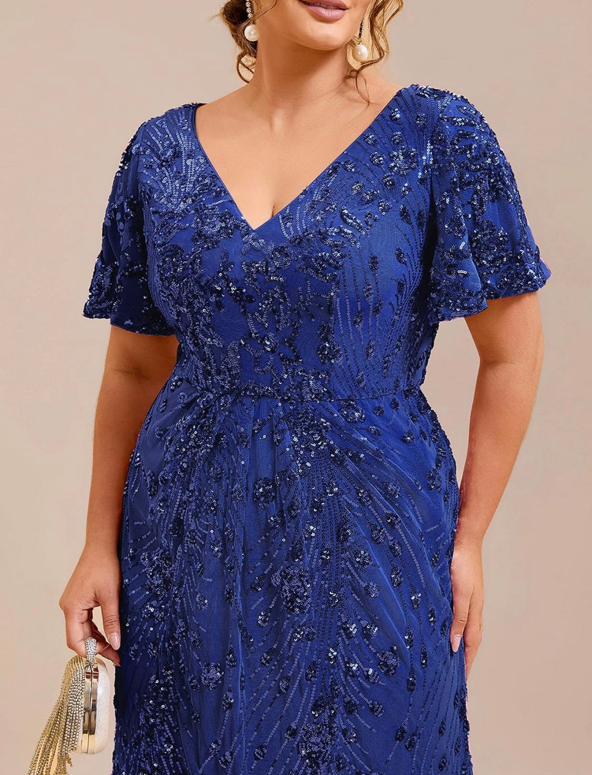 Stunning Plus Size Sequin V-Neck Flutter Sleeve Maxi Dress - Free Shipping