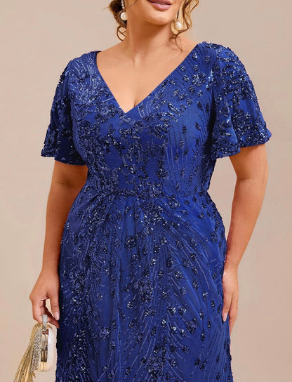 Stunning Plus Size Sequin V-Neck Flutter Sleeve Maxi Dress - Free Shipping