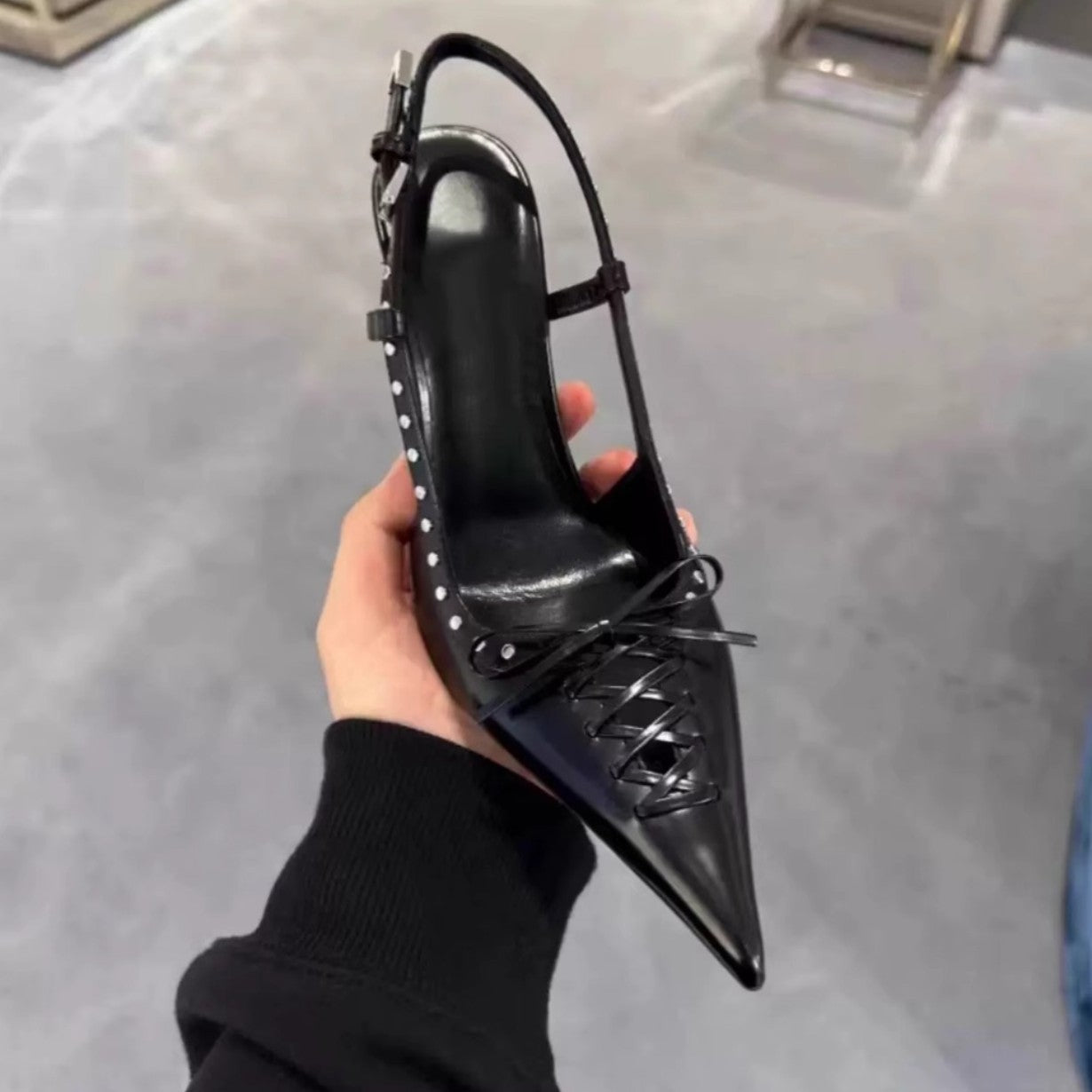 Stunning Pointed-Toe Rivet-Sling Back Lace-Up Stiletto High Heels - Free Shipping