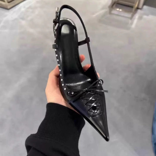 Pointed-Toe Rivet-Back Lace-Up Stiletto High Heels - Free Shipping