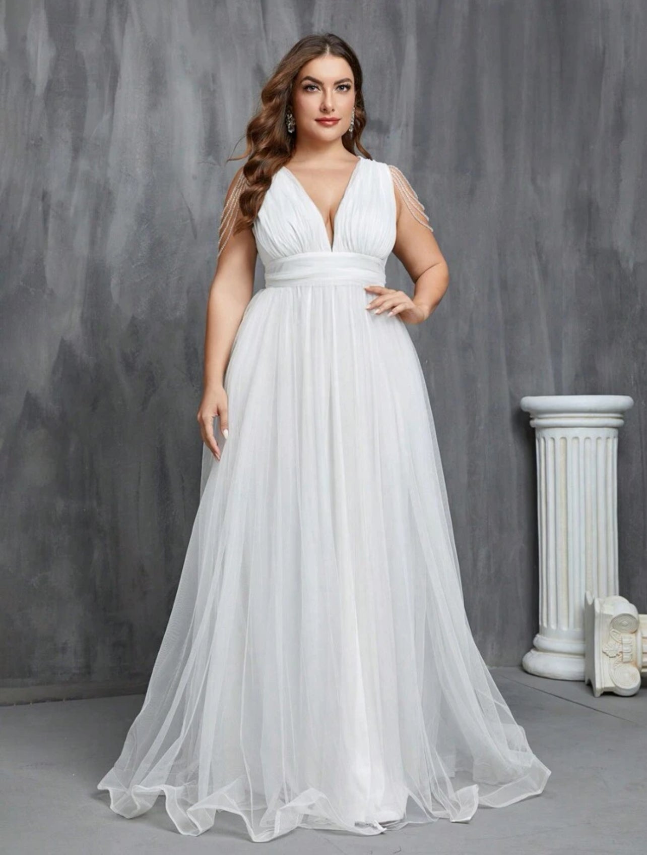 Elegant Plus Size Flowy Plunging Neckline Tulle Full Length Maxi Dress-Free Shipping