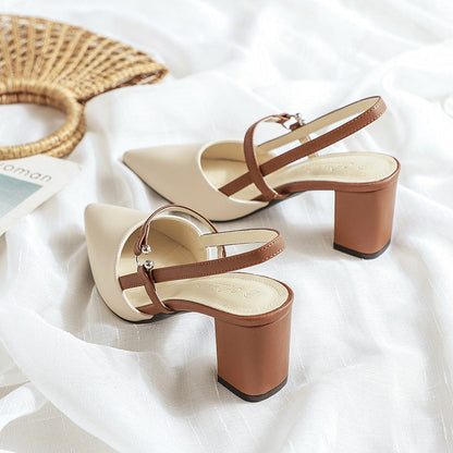 Pointed-Toe Open-Heel T-Strap Buckle Chunky High Heels - Free Shipping