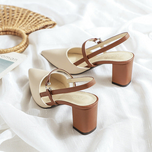Pointed-Toe Open-Heel T-Strap Buckle Chunky High Heels - Free Shipping