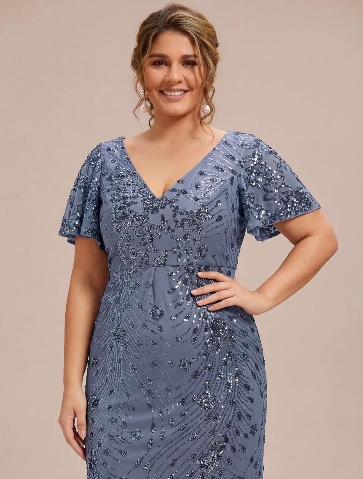 Stunning Plus Size Sequin V-Neck Flutter Sleeve Maxi Dress - Free Shipping