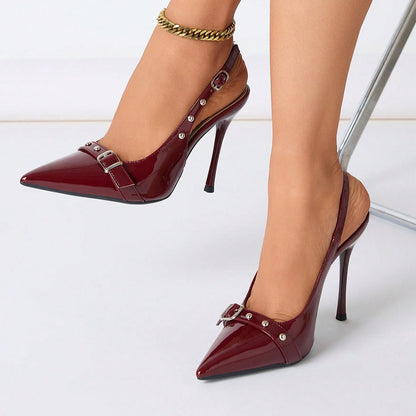 Pointed-Toe  Synthetic Leather Buckle Rivet Stiletto Heels - Free Shipping