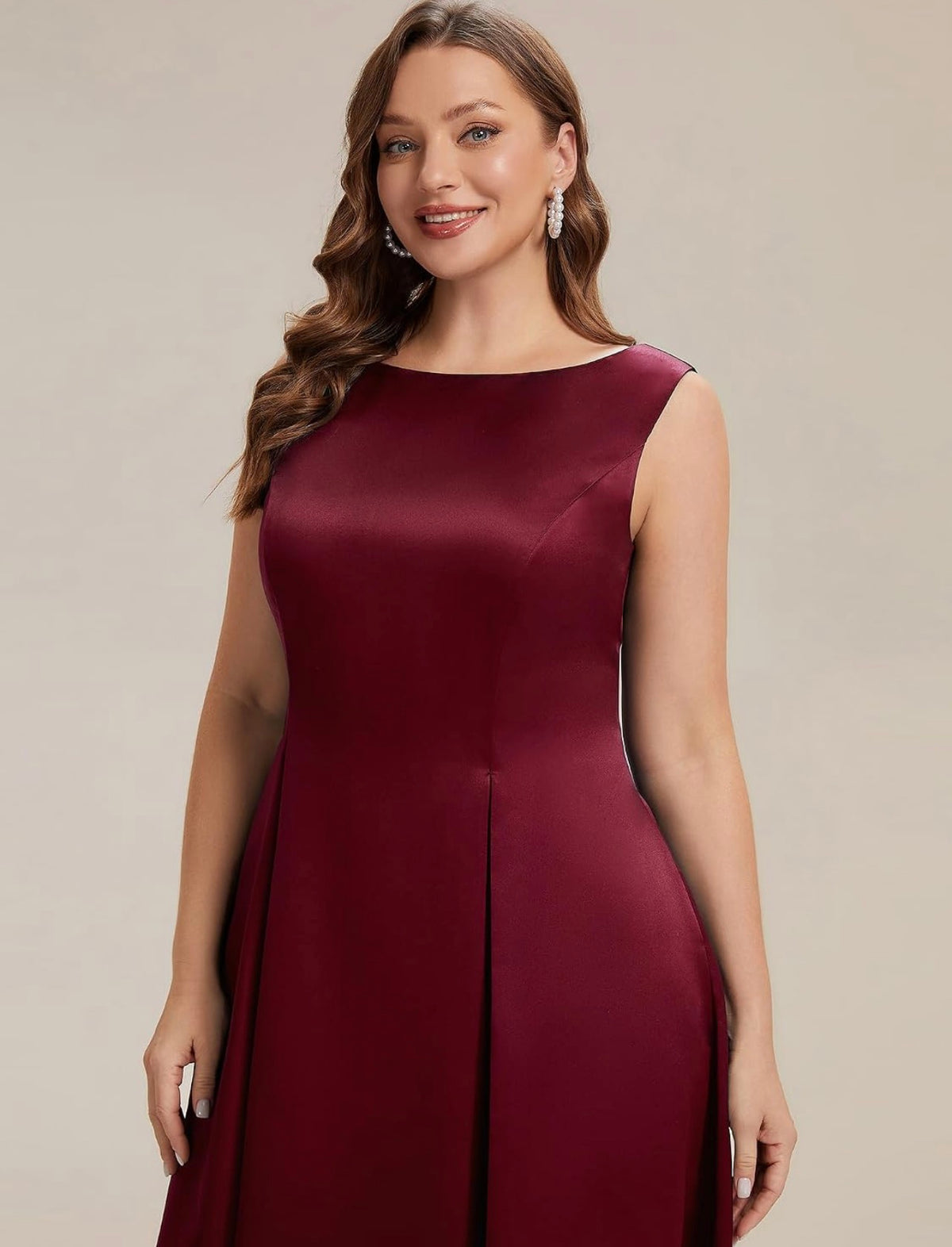 Elegant Plus Size Satin Sleeveless Fit and Flare Midi Dress, Burgundy bodice close-up