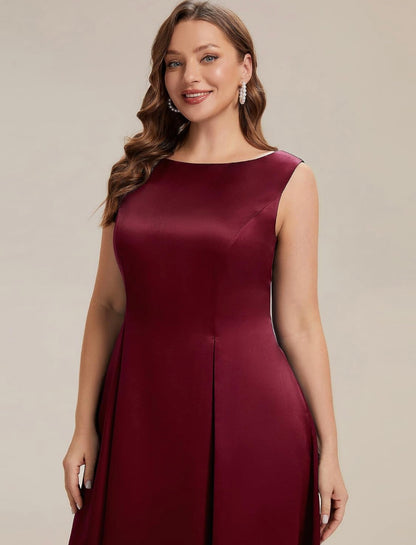 Elegant Plus Size Satin Sleeveless Fit and Flare Midi Dress, Burgundy bodice close-up
