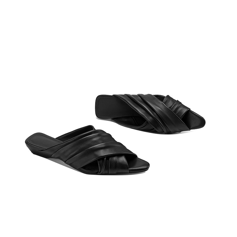 Ruched Lambskin Handmade Leather Flat Sandals - Free Shipping